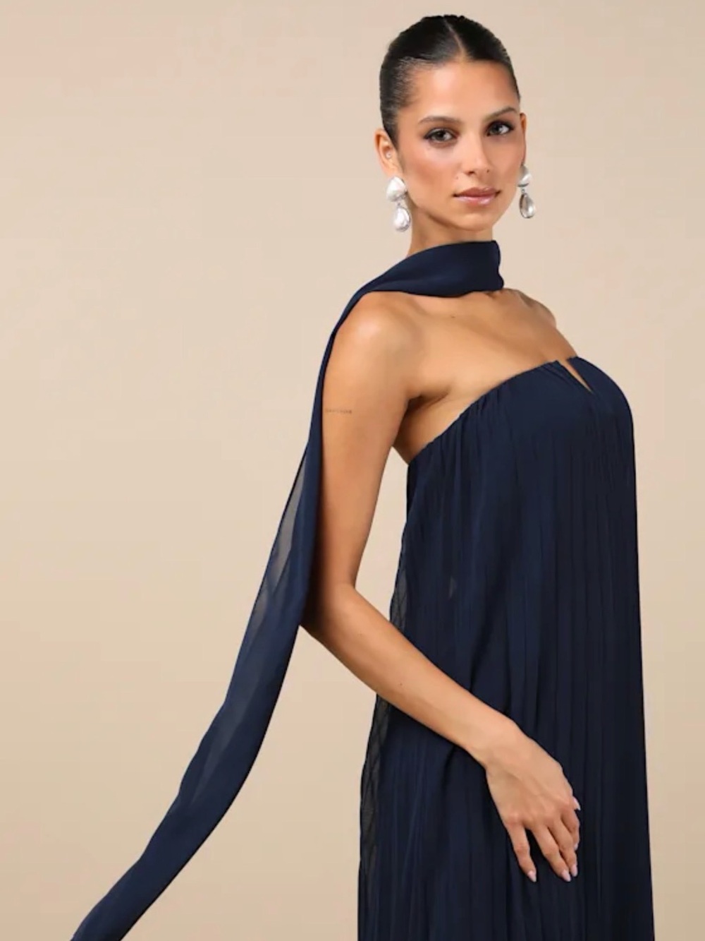 Lulu's Navy Strapless Pleated Maxi Dress with Draped Scarf
